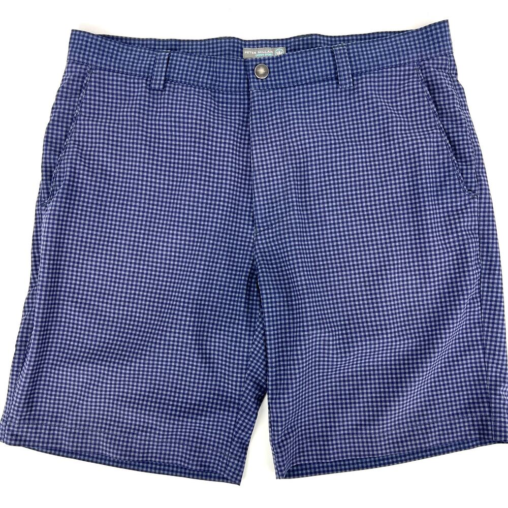 Peter Millar Blue Crown Sport Mens Gingham Performance Stretch Golf Shorts Sz 34